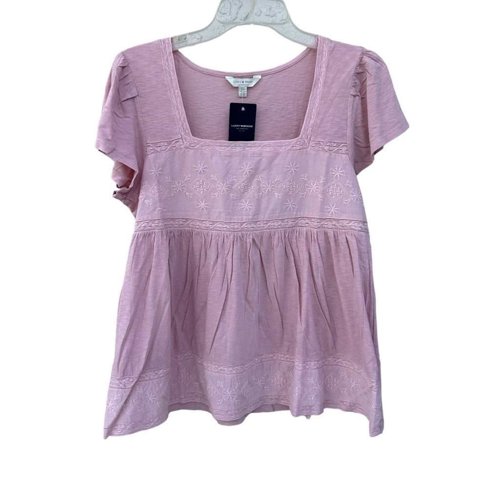Lucky Brand Women's Embroidered Square Neck Smocked Top, Dusty Rose Pink, NWT